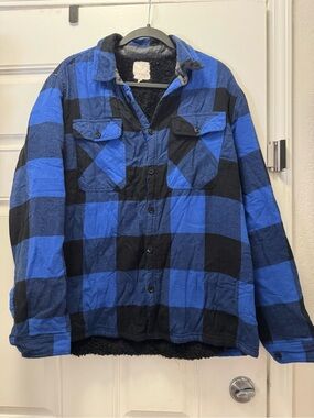 Men's Blue and Black Plaid Button-Down Shirt Jacket